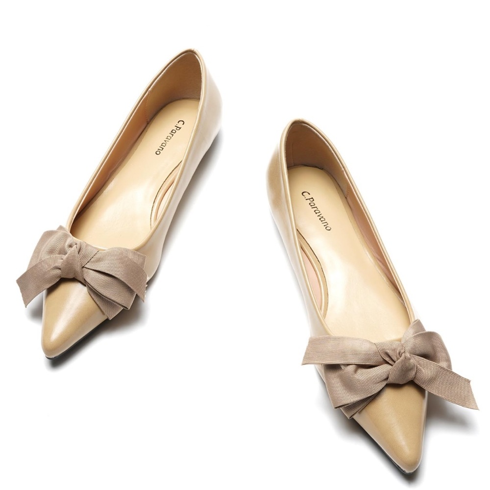NWT C.Paravano Camel Pointed-Toe Flats with Bow – Size 6.5
